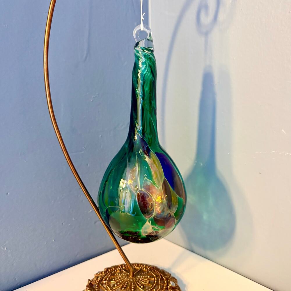 Vintage Green Art Glass Teardrop Ornament 7” Hand Blown Style Multicolor Swirl